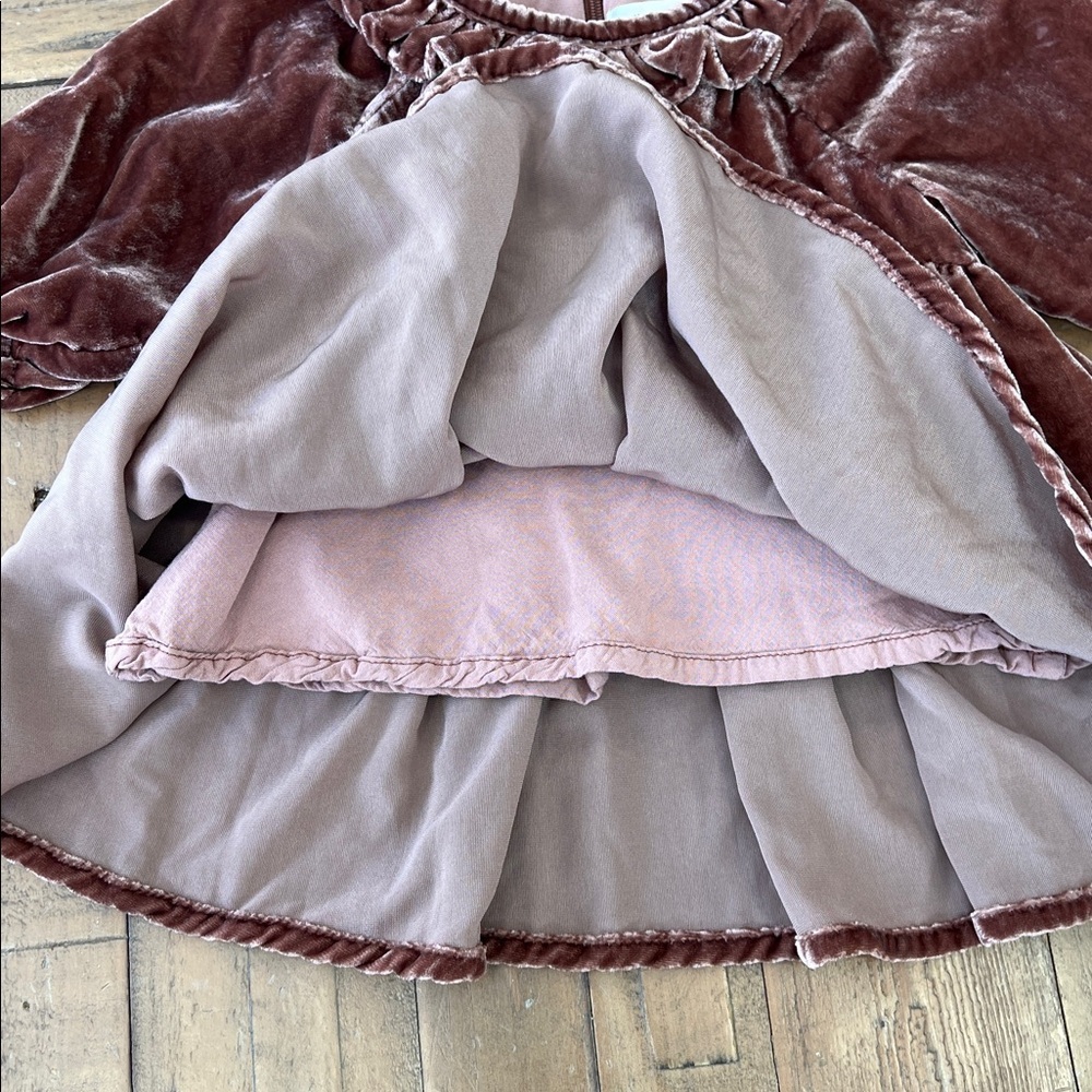 Girls Velvet Ruffle Neck Dress - Rust Brown - Picture 3 of 12